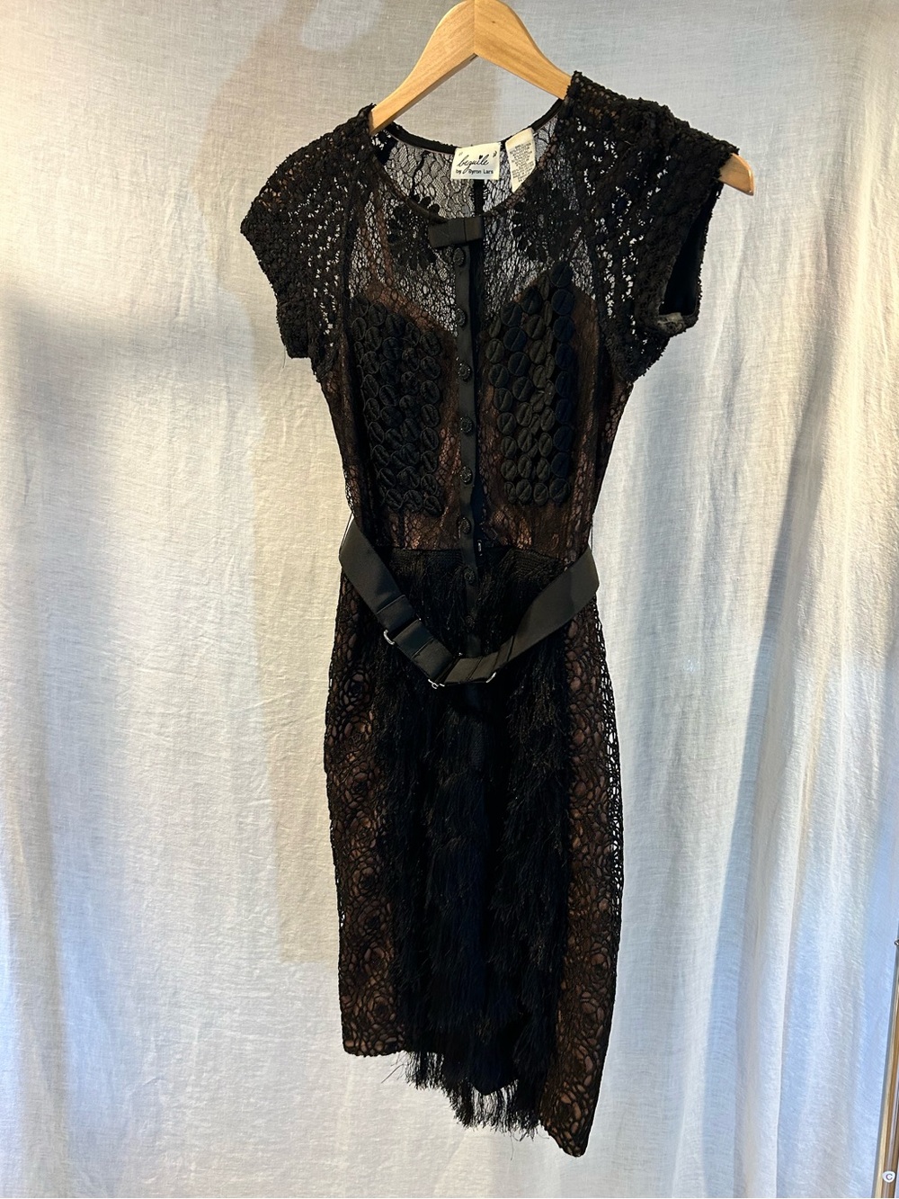 Lace & Fringe Black Cap-Sleeve dress with fringe front.